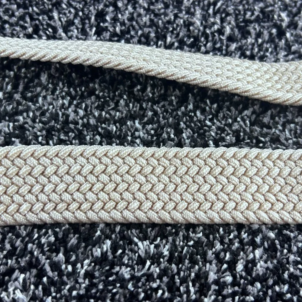Mens Braided Beige Elastic Woven Golf Belt Faux Leather Accents Silver Buckle 43